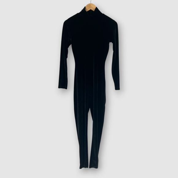 Vintage 90s Y2k Moda Int'l Black Velvet Long Sleeve Catsuit Jumpsuit Small - Picture 1 of 6